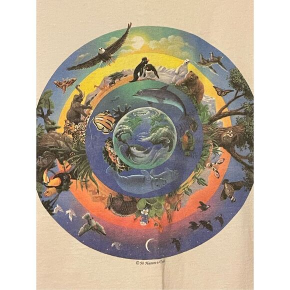 Vtg 90s Human- I-Tees Circle of Life Distressed Tshirt USA Animals Art Grunge We - Picture 1 of 9